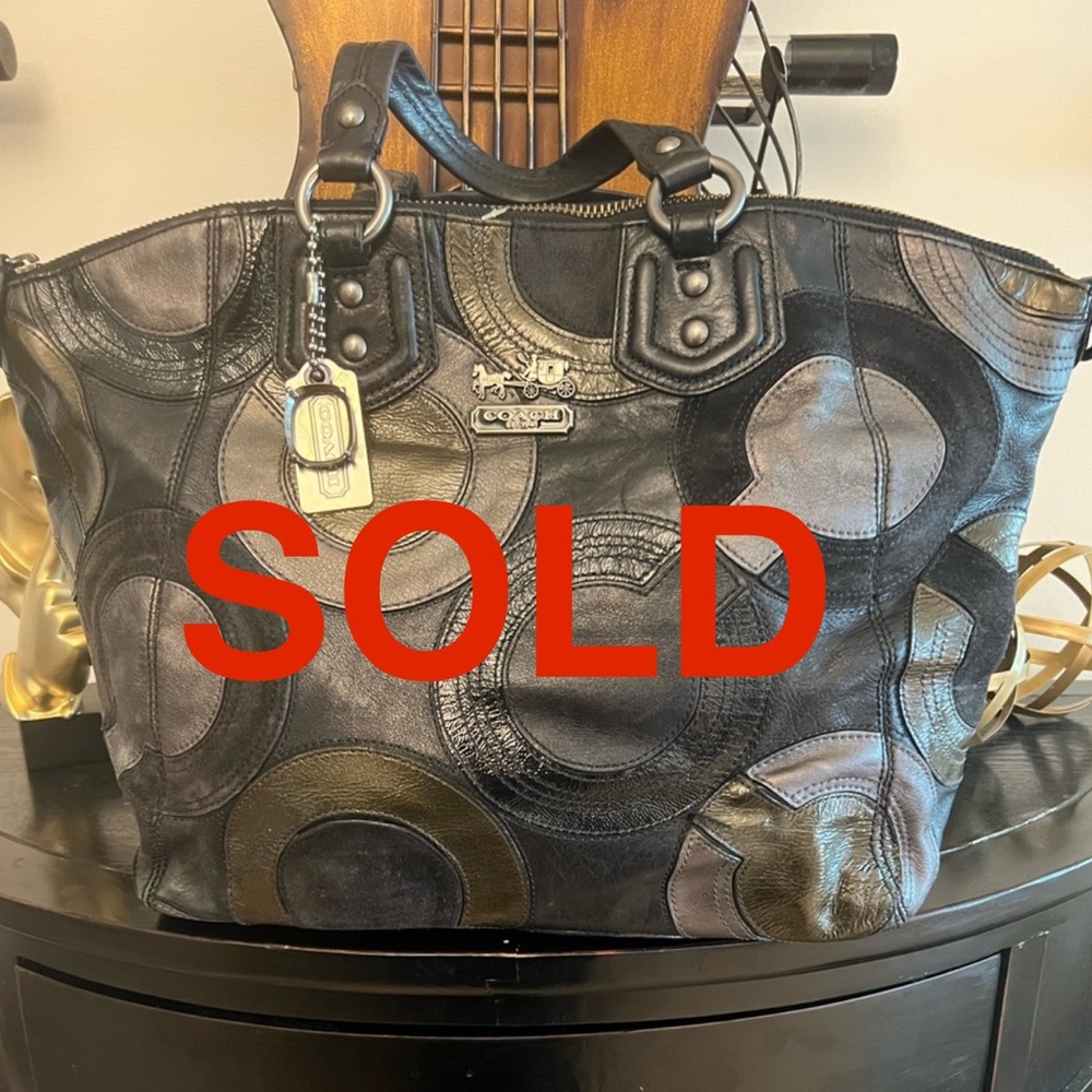 SOLD-Coach Leather Patchwork Tote Bag – Black & Metallic Circle Pattern